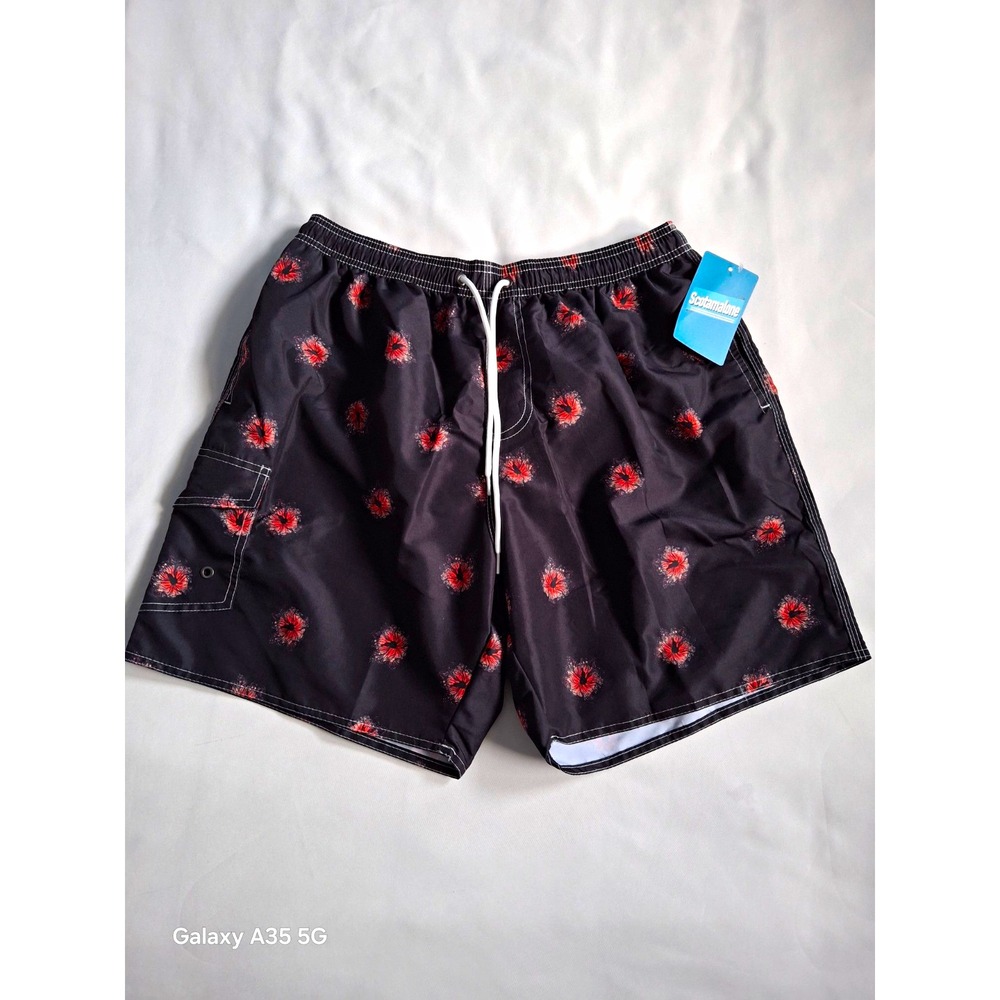 Scotamalone Men's Floral Swim Trunks Black/Red Drawstring Pockets Size L